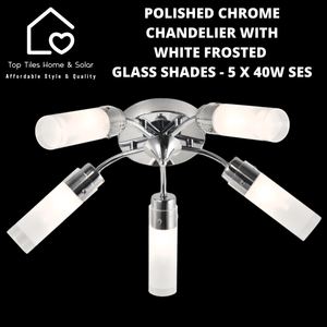 Polished Chrome Chandelier with White Frosted Glass Shades - 5 x 40W SES