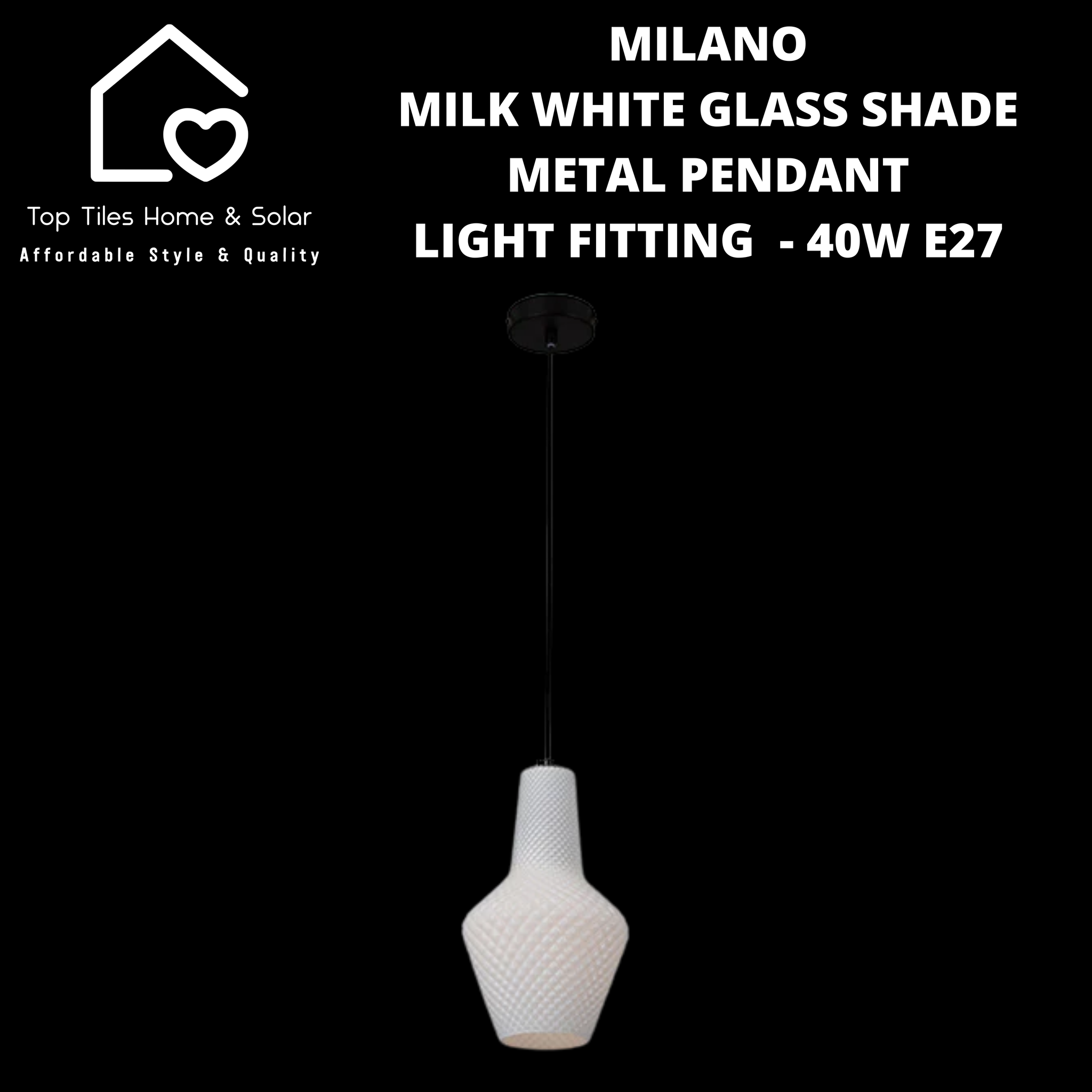 Milano Milk White Glass Shade Metal Pendant Light Fitting  - 40W E27 Small