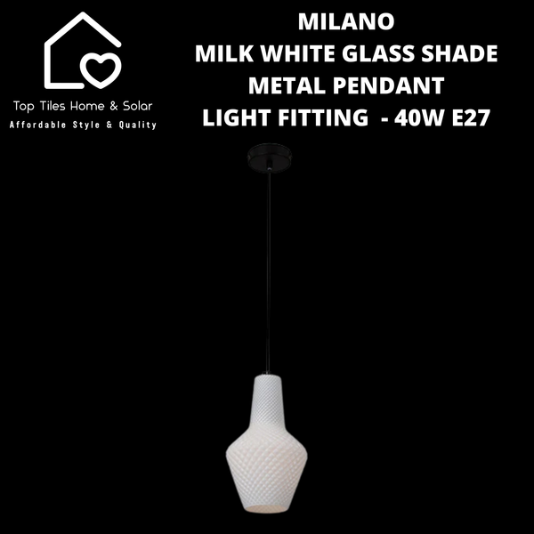 Milano Milk White Glass Shade Metal Pendant Light Fitting  - 40W E27 Small