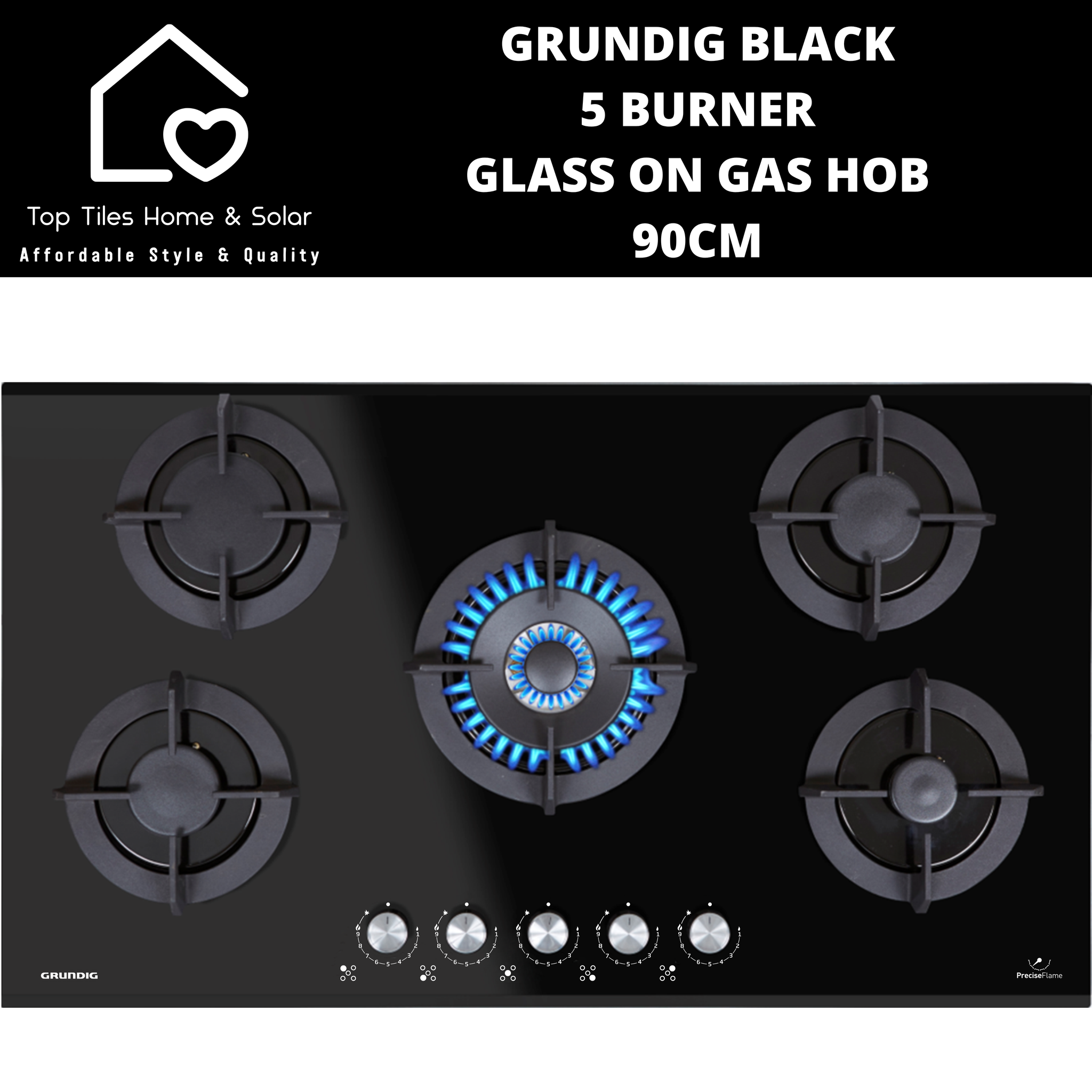 Grundig Black 5 Burner Glass on Gas Hob - 90cm
