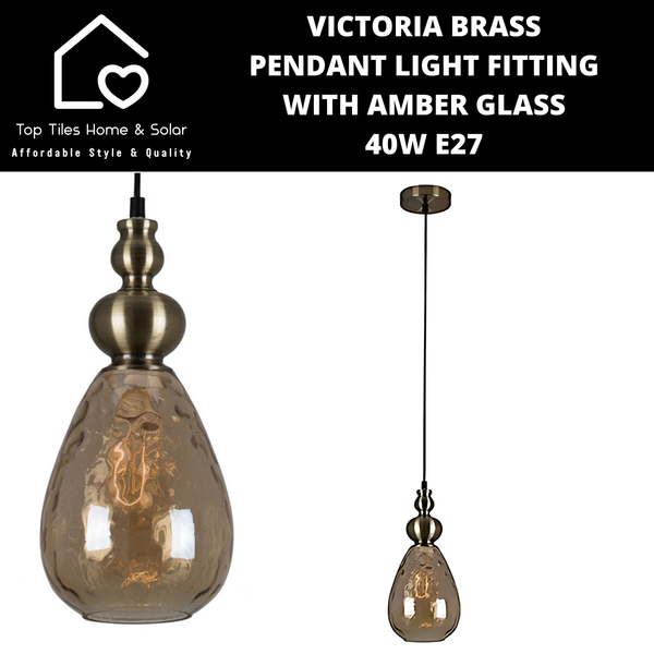 Victoria Brass Pendant Light Fitting with Amber Glass - 40W E27