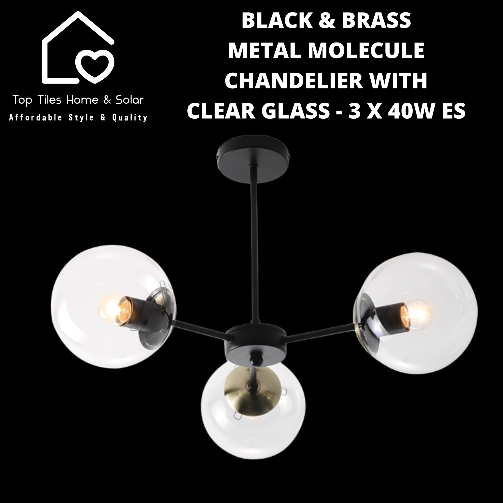 Black & Brass Metal Molecule Chandelier With Clear Glass - 3 x 40W ES
