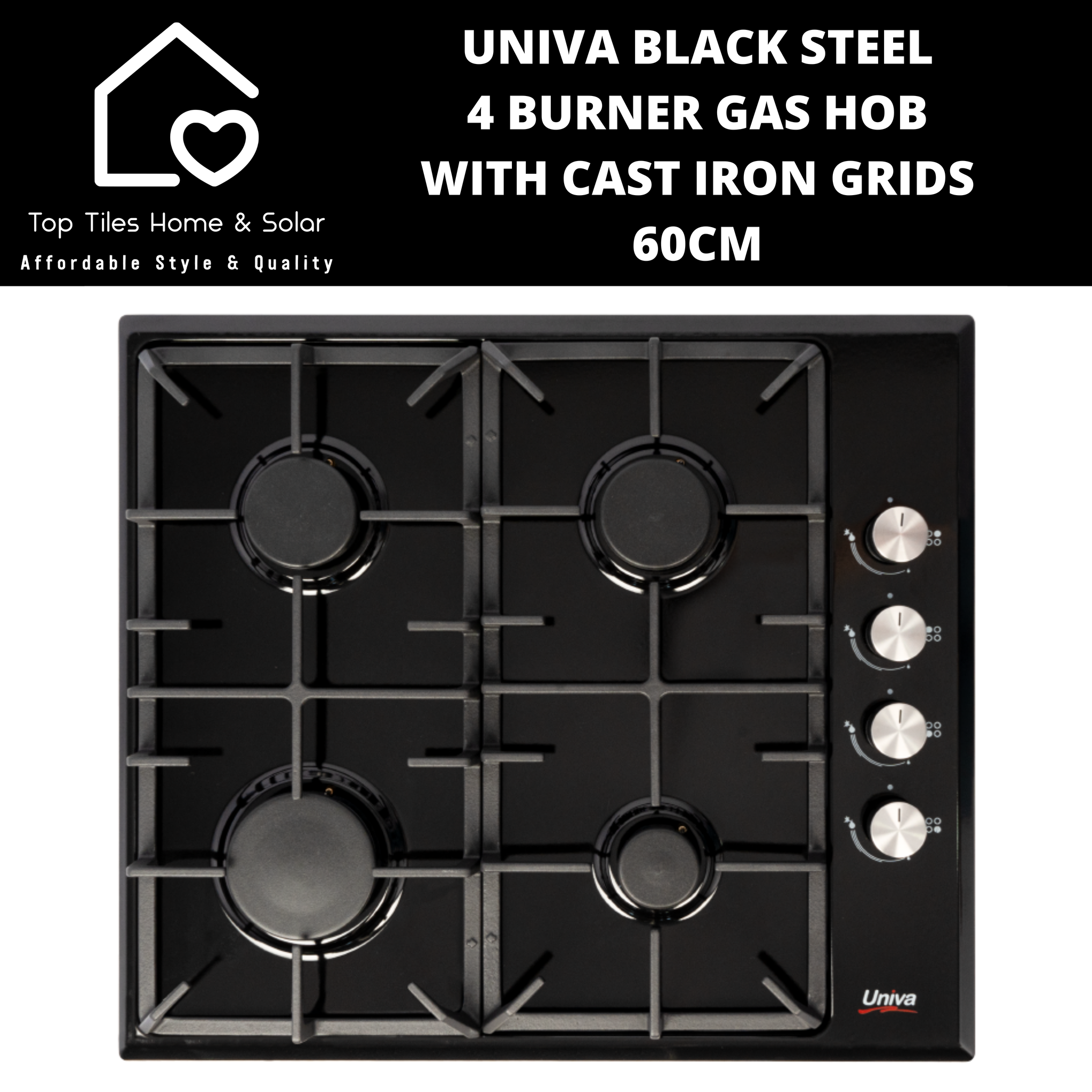 Univa Black Steel 4 Burner Gas Hob with Cast Iron Grids - 60cm