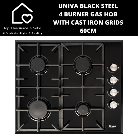 Univa Black Steel 4 Burner Gas Hob with Cast Iron Grids - 60cm