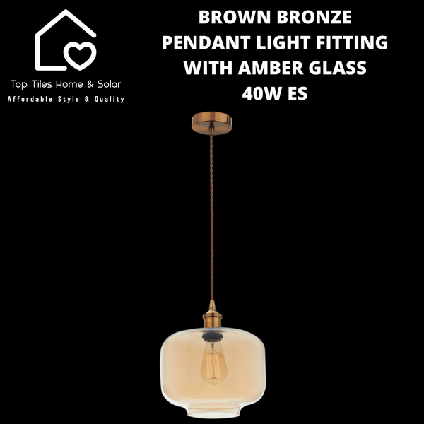 Brown Bronze Pendant Light Fitting with Amber Glass - 40W ES