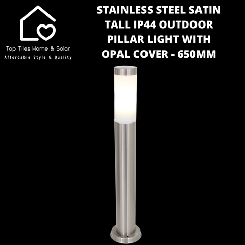 Stainless Steel Satin Tall IP44 Outdoor Pillar Light with Opal Cover - 650mm