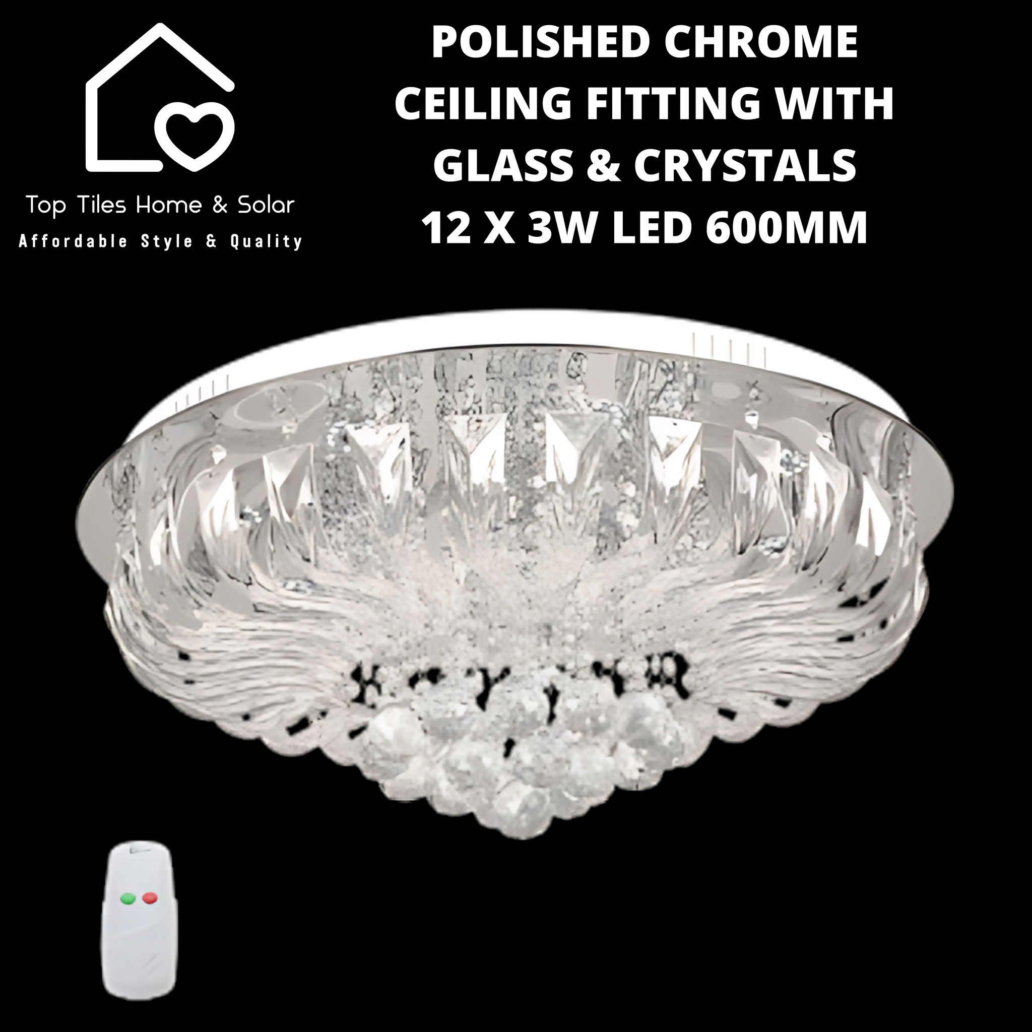 Polished Chrome Ceiling Fitting with Glass & Crystals - 12 x 3W LED 600mm