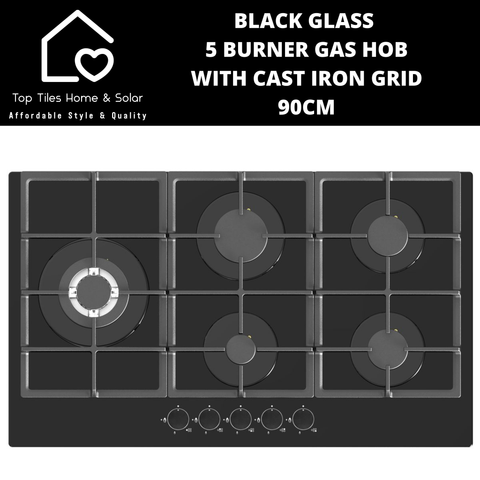 Black Glass 5 Burner Gas Hob with Cast Iron Grid - 90cm