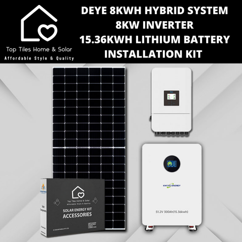 Deye 8kWh Hybrid Solar System - 8kw Inverter + 15.36kwh Lithium Battery + Installation Kit