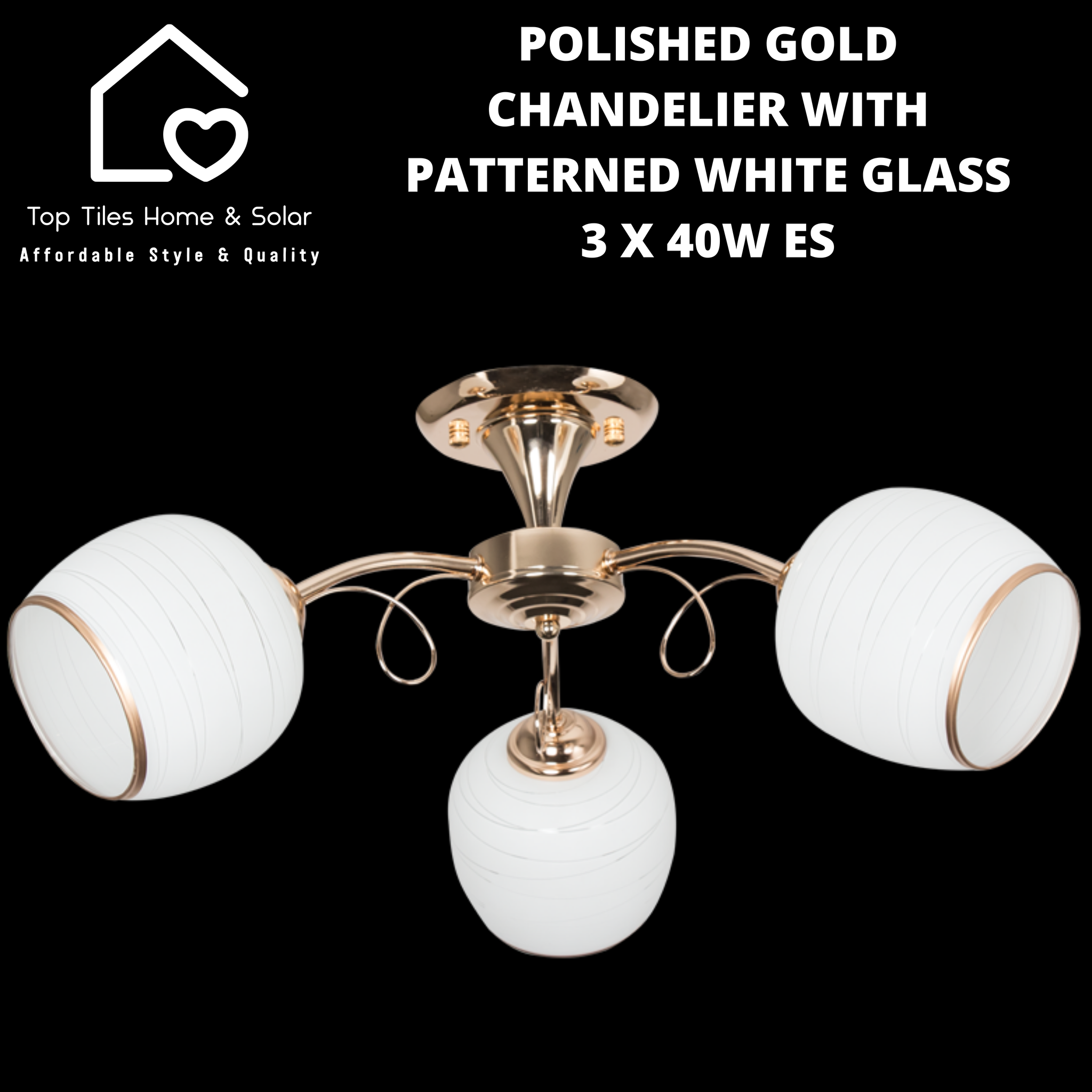 Polished Gold Chandelier with Patterned White Glass - 3 x 40W ES