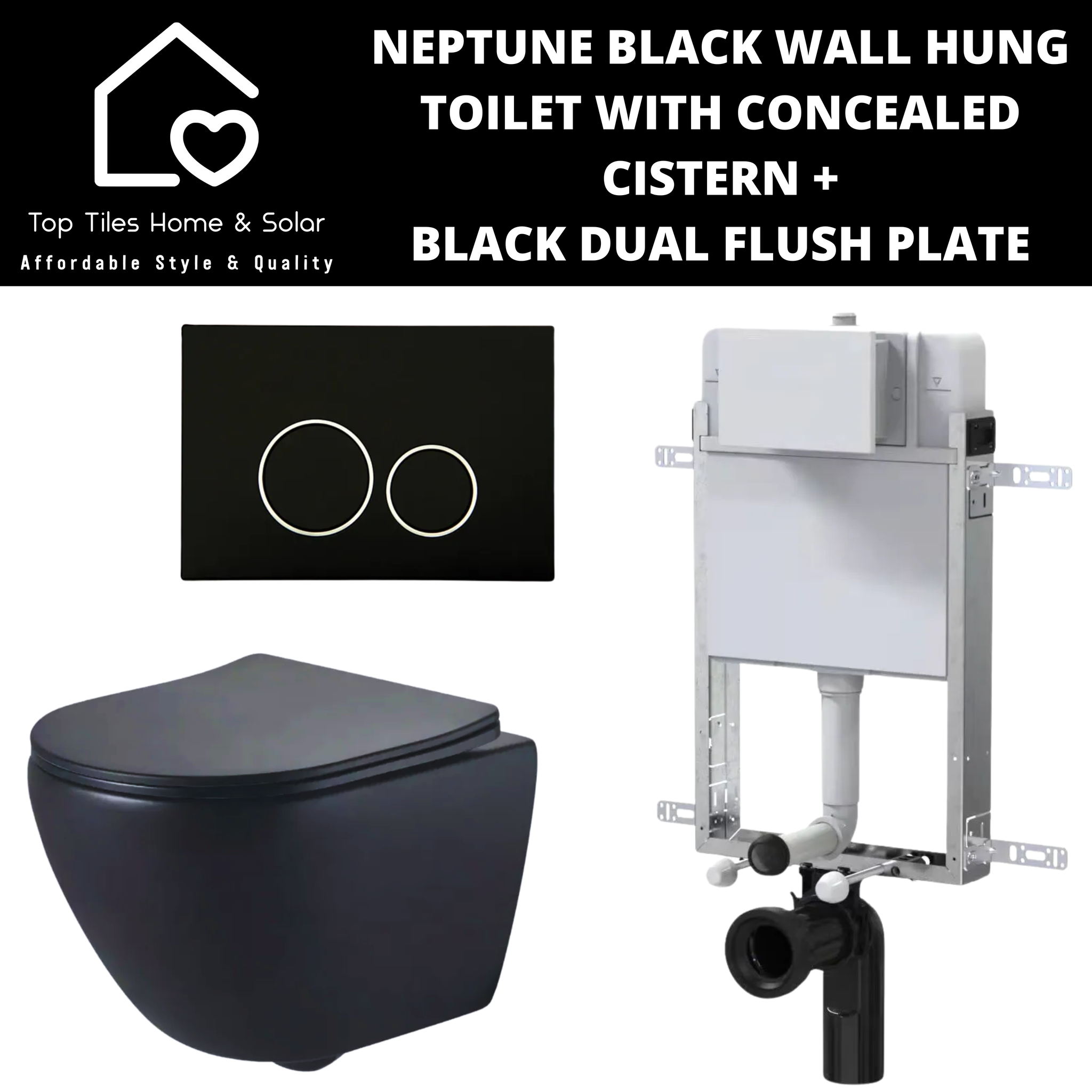 Neptune Black Wall Hung Toilet With Riifo Concealed Cistern & Black Dual Flush Plate