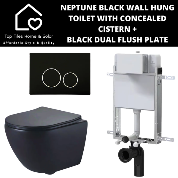 Neptune Black Wall Hung Toilet With Riifo Concealed Cistern & Black Dual Flush Plate