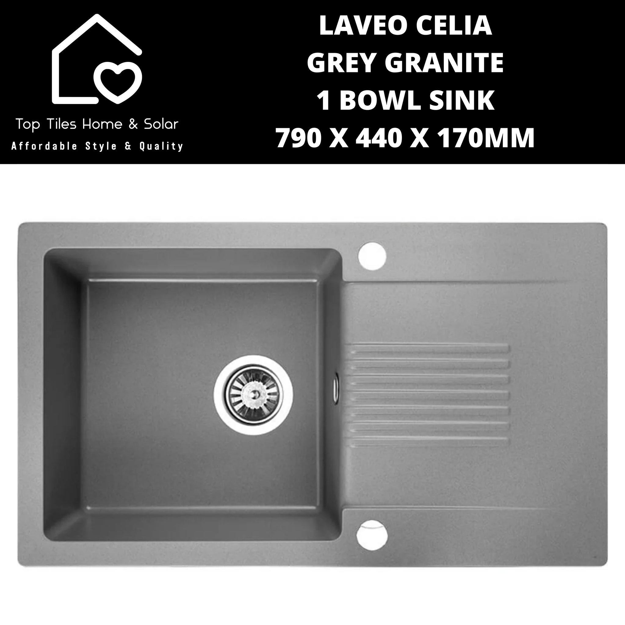 Laveo Celia Grey Granite 1 Bowl Sink - 790 x 440 x 170mm