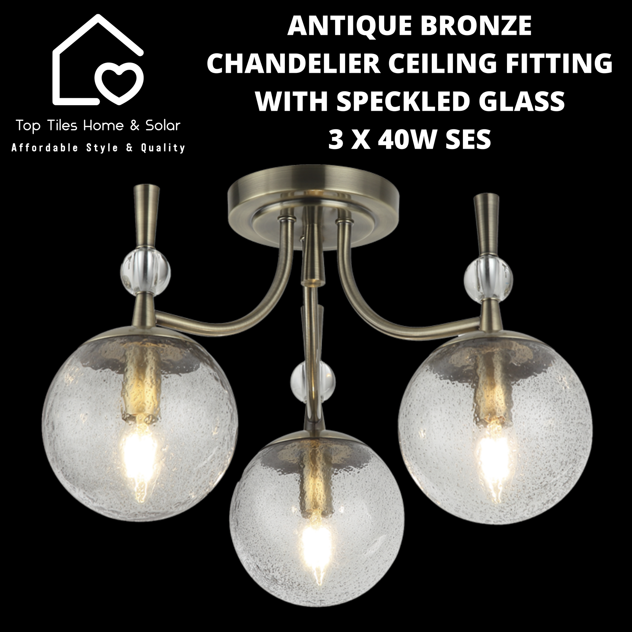 Antique Bronze Chandelier Ceiling Fitting with Speckled Glass - 3 x 40W SES