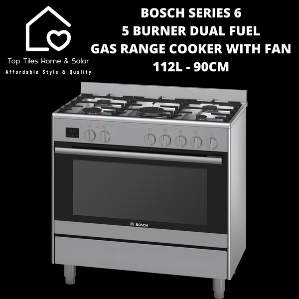 Bosch Series 6 - 5 Burner Dual Fuel Gas Range Cooker with Fan 112L - 90cm