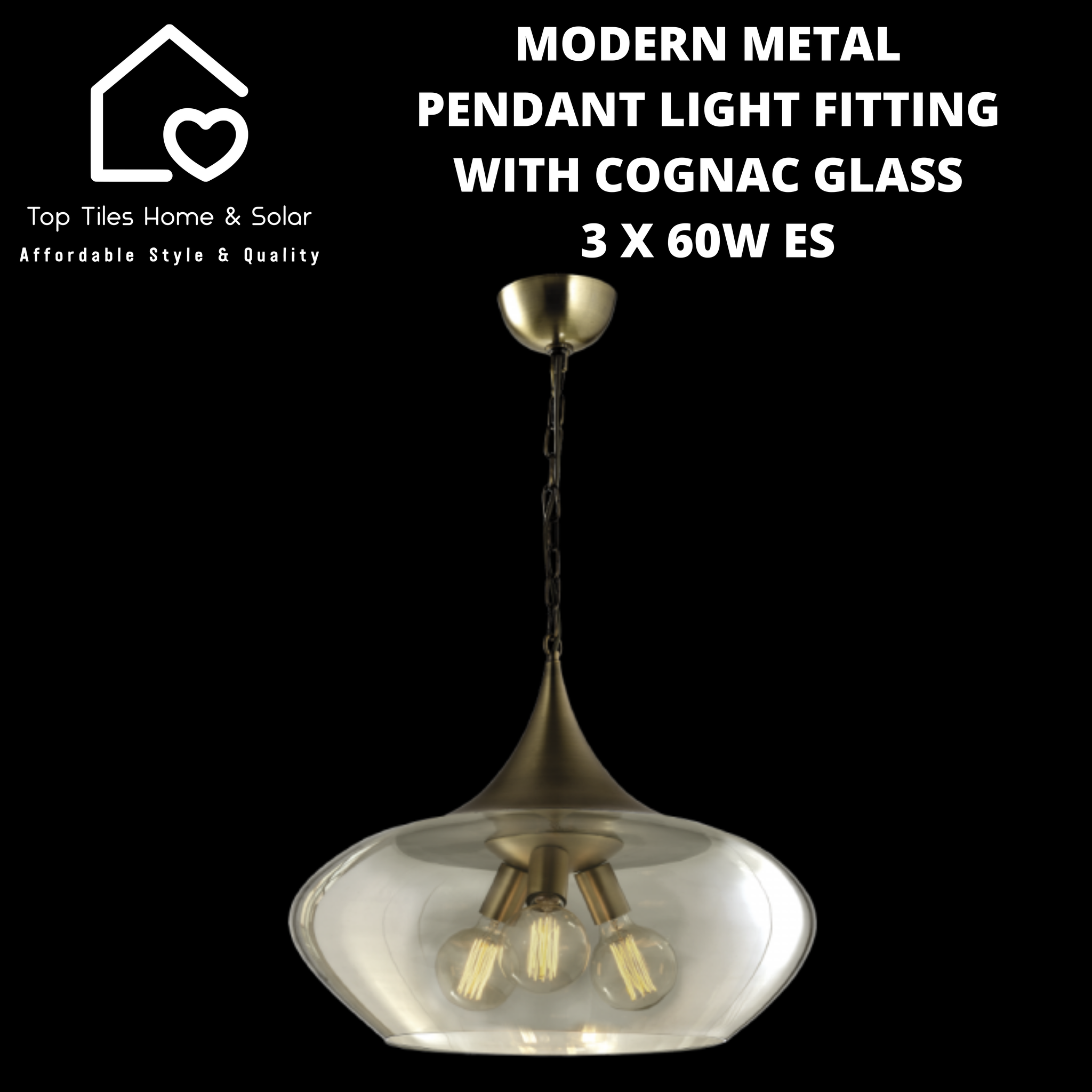 Modern Metal Pendant Light Fitting with Cognac Glass - 3 x 60W ES