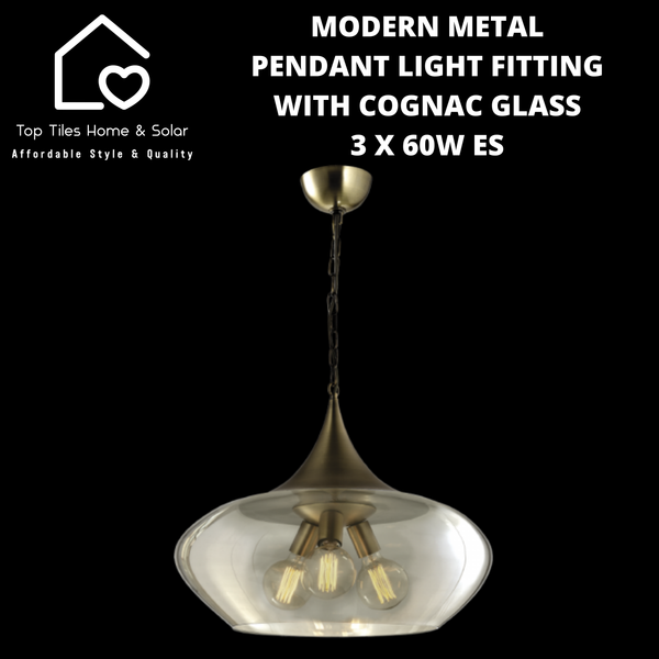 Modern Metal Pendant Light Fitting with Cognac Glass - 3 x 60W ES