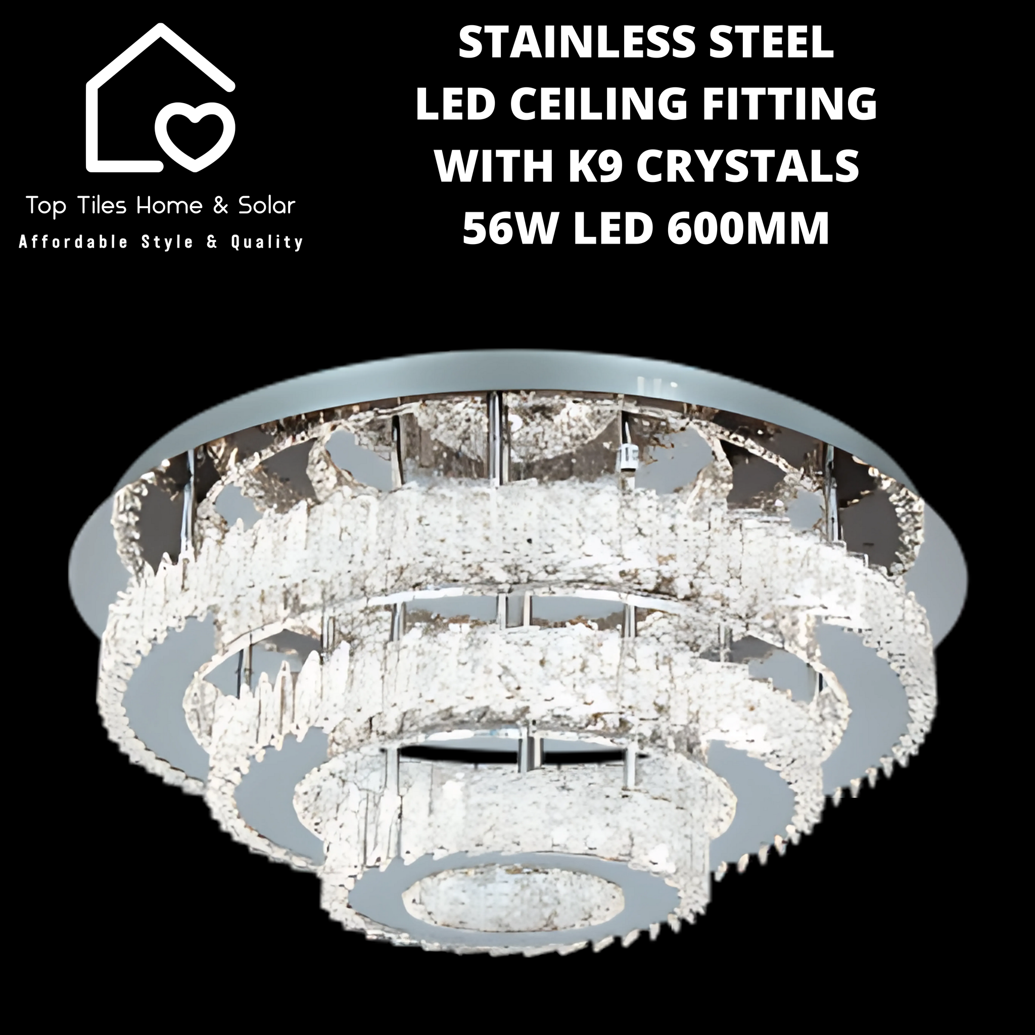 Stainless Steel LED Ceiling Fitting with K9 Crystals - 56W LED 600mm