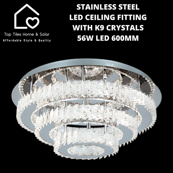 Stainless Steel LED Ceiling Fitting with K9 Crystals - 56W LED 600mm
