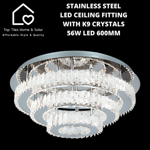Stainless Steel LED Ceiling Fitting with K9 Crystals - 56W LED 600mm