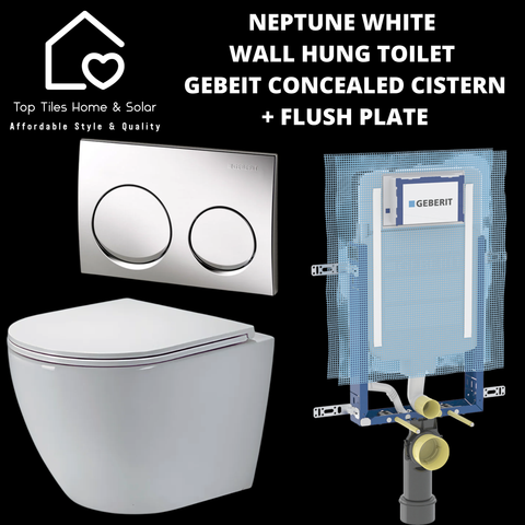 Neptune White Wall Hung Toilet With Geberit Concealed Cistern & Dual Flush Plate