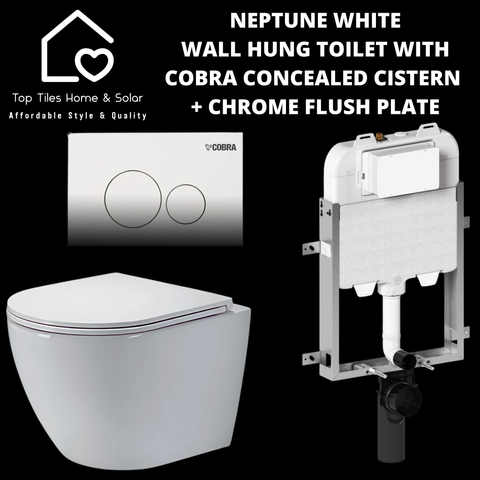 Neptune White Wall Hung Toilet With Cobra Concealed Cistern & Chrome Flush Plate