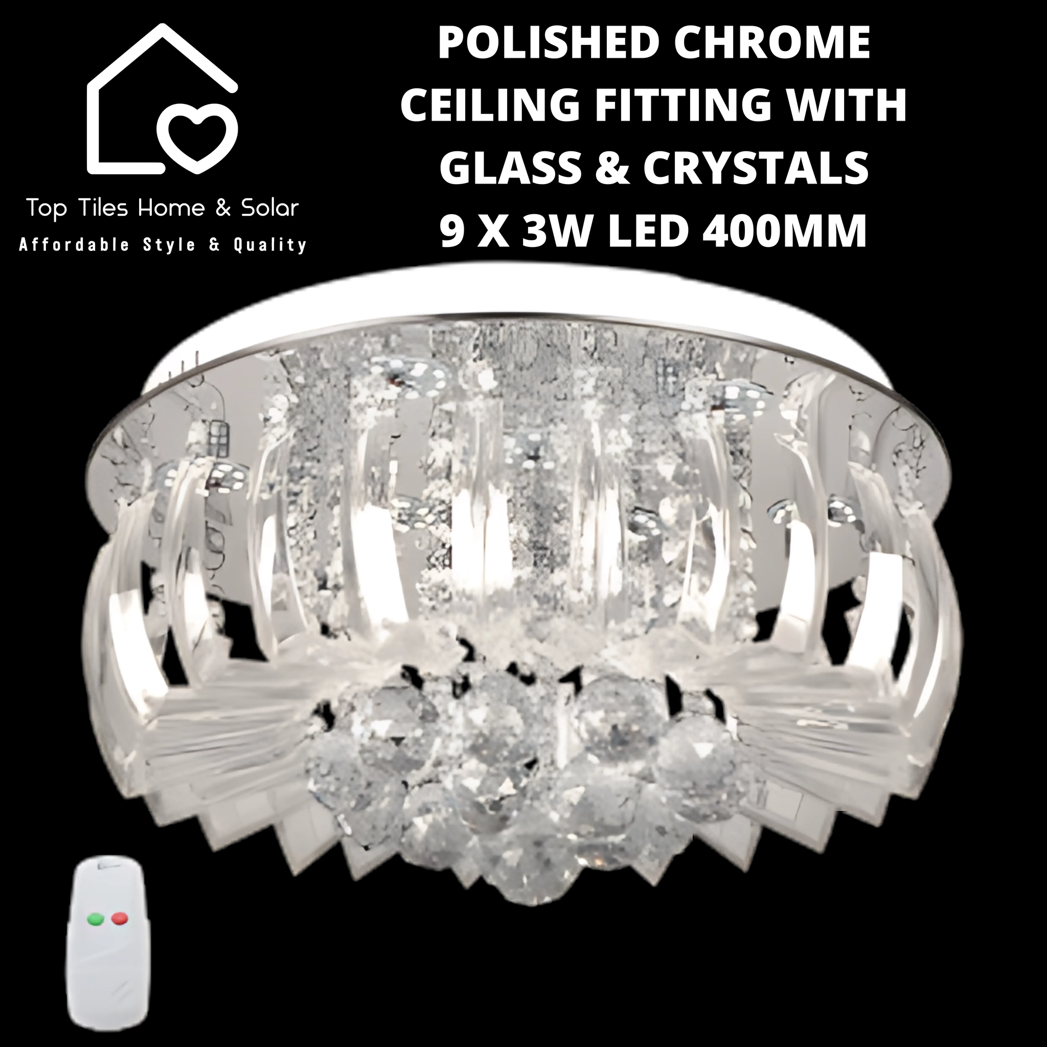 Polished Chrome Ceiling Fitting with Glass & Crystals - 9 x 3W LED 400mm