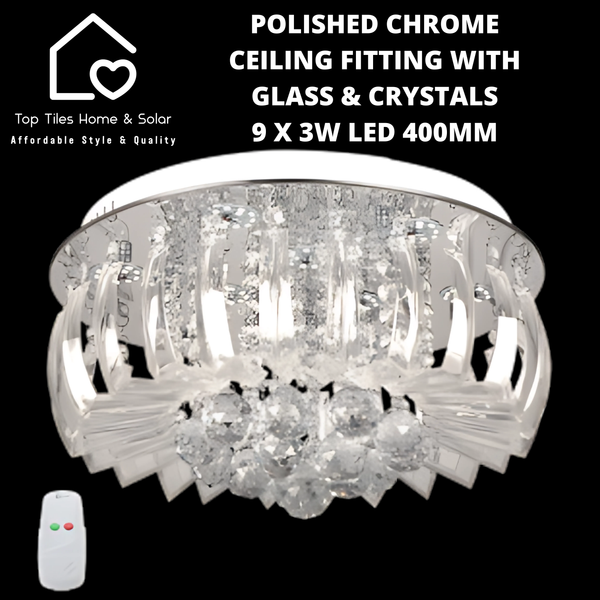 Polished Chrome Ceiling Fitting with Glass & Crystals - 9 x 3W LED 400mm