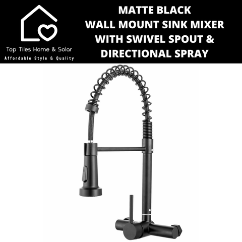Matte Black Wall Mount Sink Mixer with Swivel Spout & Directional Spray