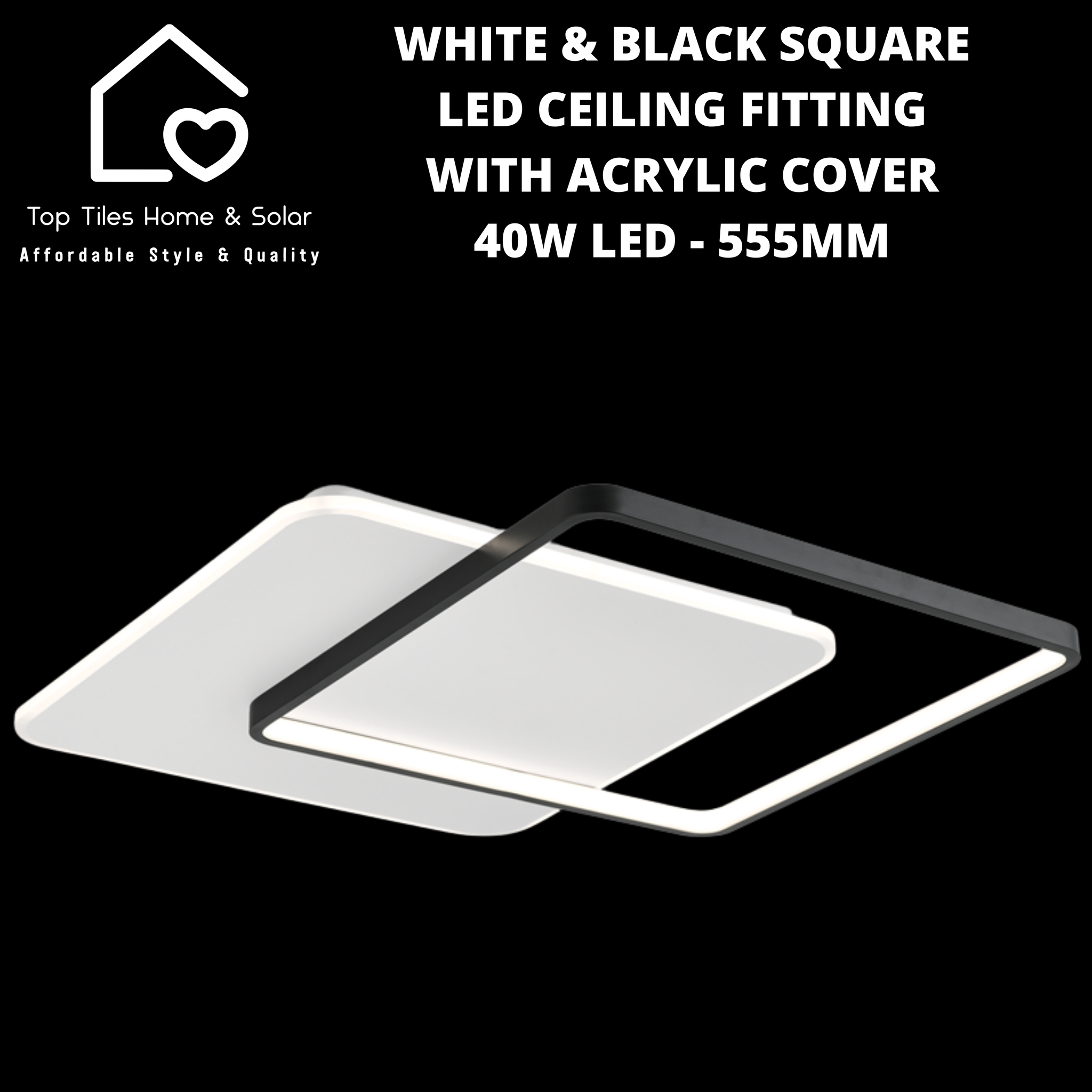 White & Black Square LED Ceiling Fitting with Acrylic Cover - 40W LED - 555mm