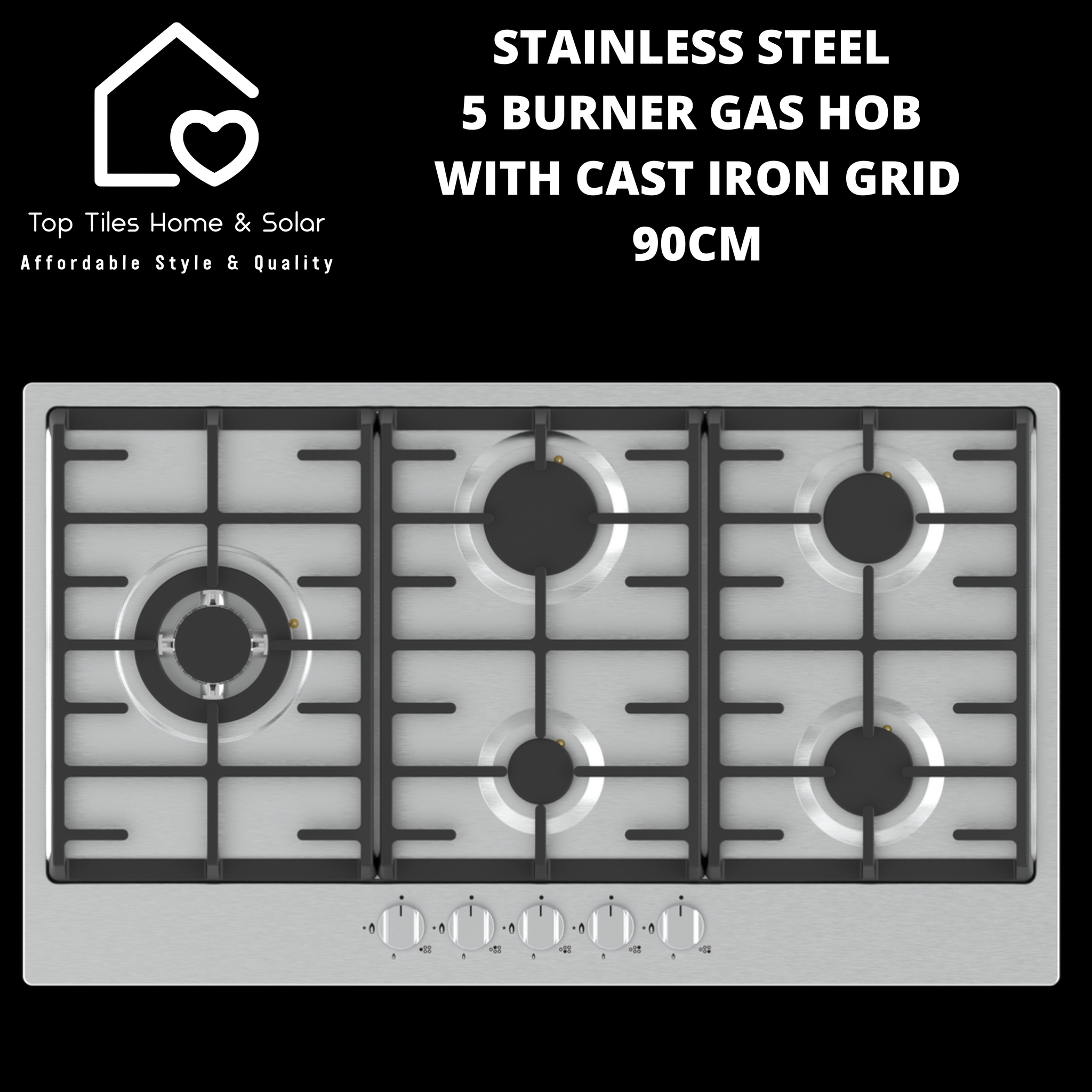 Stainless Steel 5 Burner Gas Hob with Cast Iron Grid - 90cm