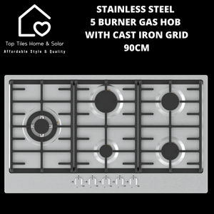 Stainless Steel 5 Burner Gas Hob with Cast Iron Grid - 90cm