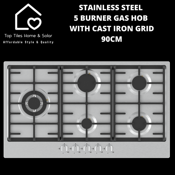 Stainless Steel 5 Burner Gas Hob with Cast Iron Grid - 90cm