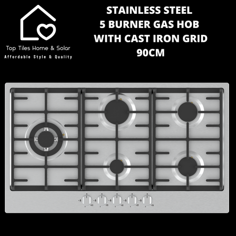 Stainless Steel 5 Burner Gas Hob with Cast Iron Grid - 90cm