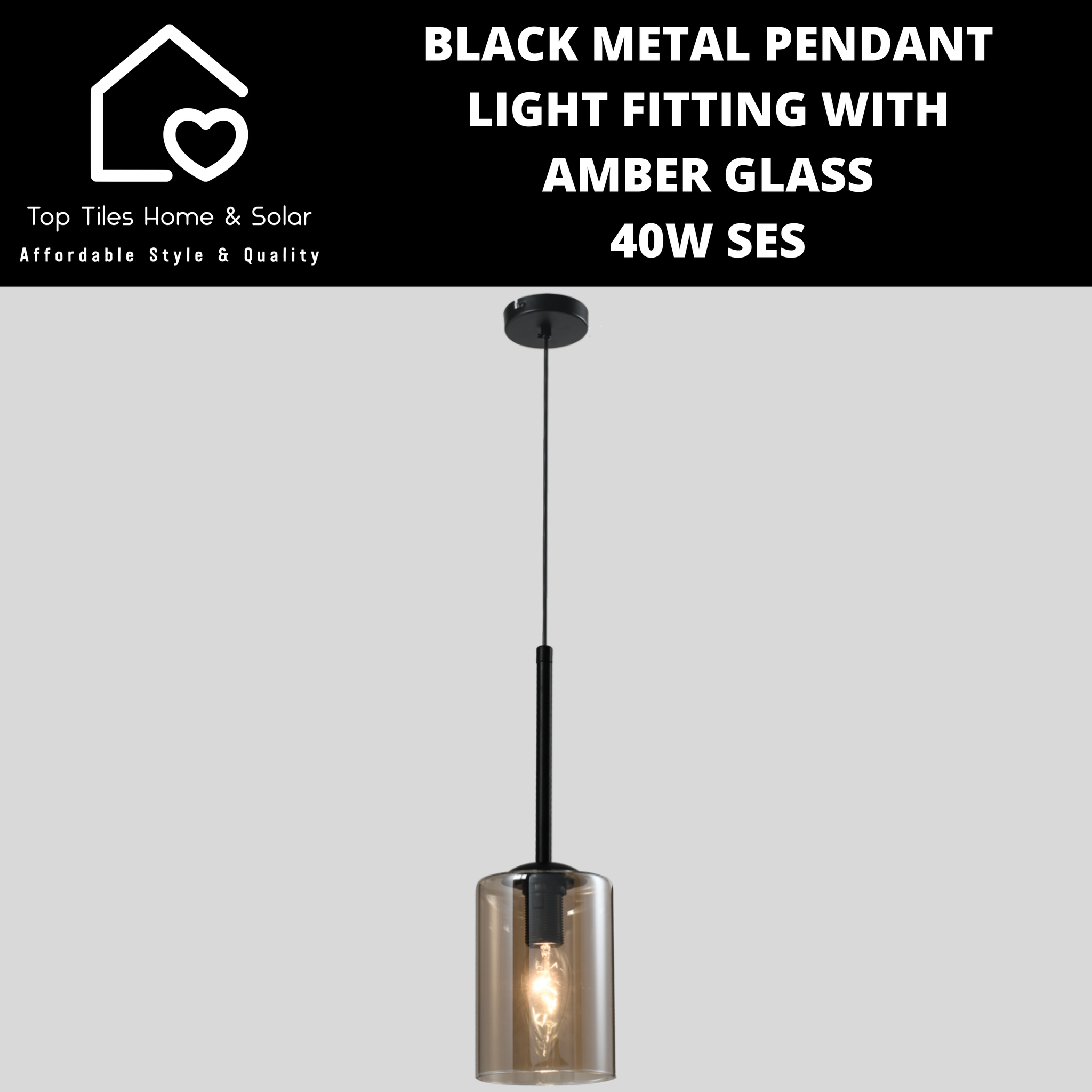 Black Metal Pendant Light Fitting with Amber Glass - 40W SES