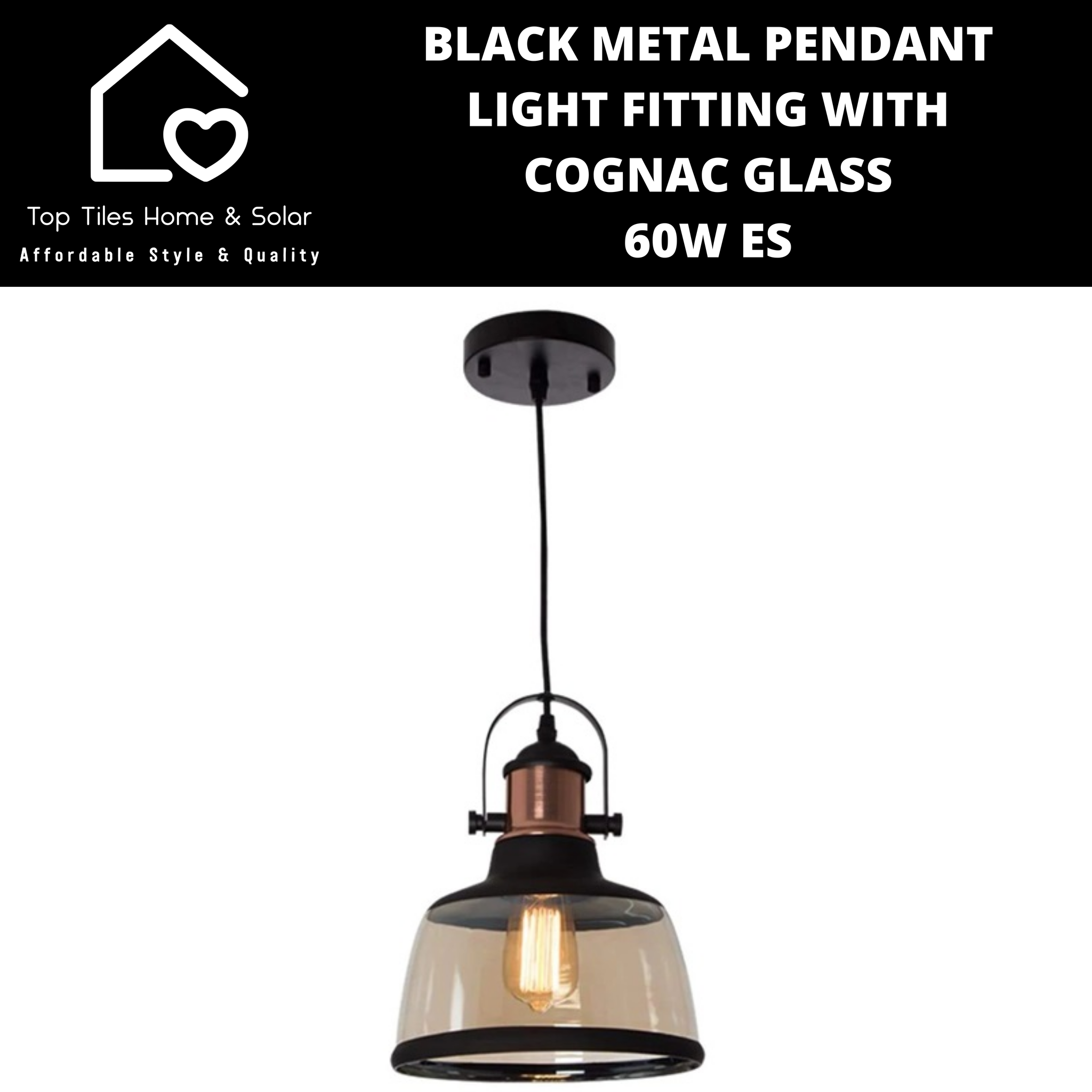 Black Metal Pendant Light Fitting with Cognac Glass - 60W ES