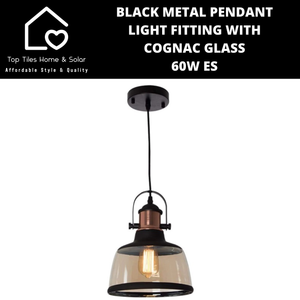 Black Metal Pendant Light Fitting with Cognac Glass - 60W ES