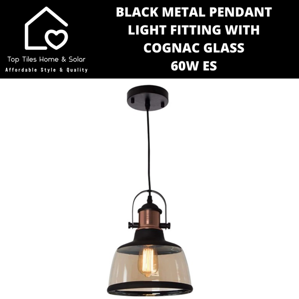 Black Metal Pendant Light Fitting with Cognac Glass - 60W ES