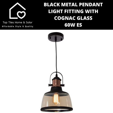 Black Metal Pendant Light Fitting with Cognac Glass - 60W ES