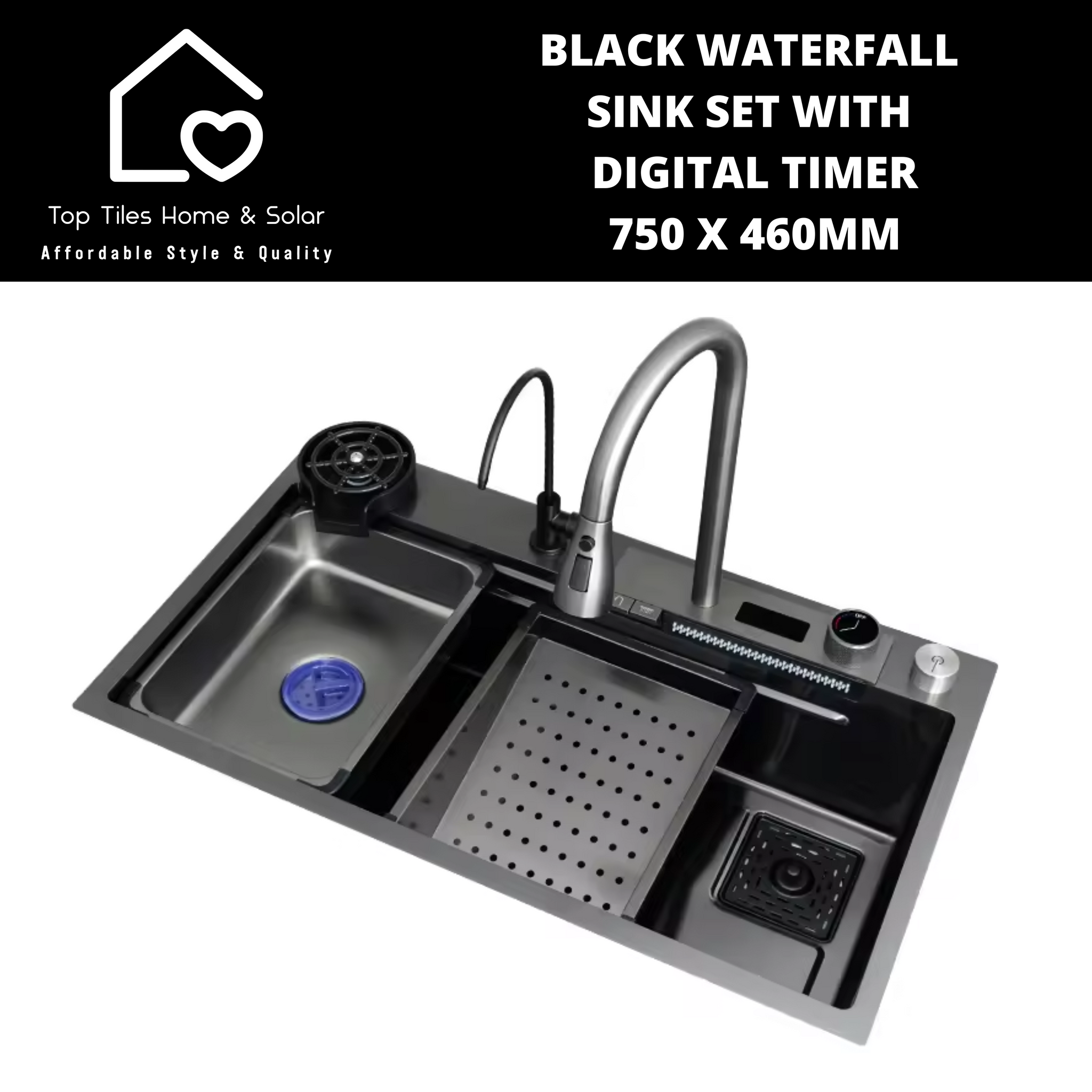 Black Stainless Steel Digital Waterfall Kitchen Sink Set - 750 x 460mm