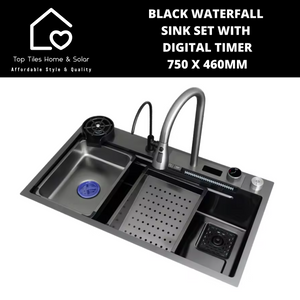 Black Stainless Steel Digital Waterfall Kitchen Sink Set - 750 x 460mm