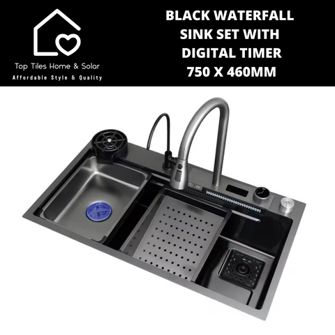 Black Stainless Steel Digital Waterfall Kitchen Sink Set - 750 x 460mm