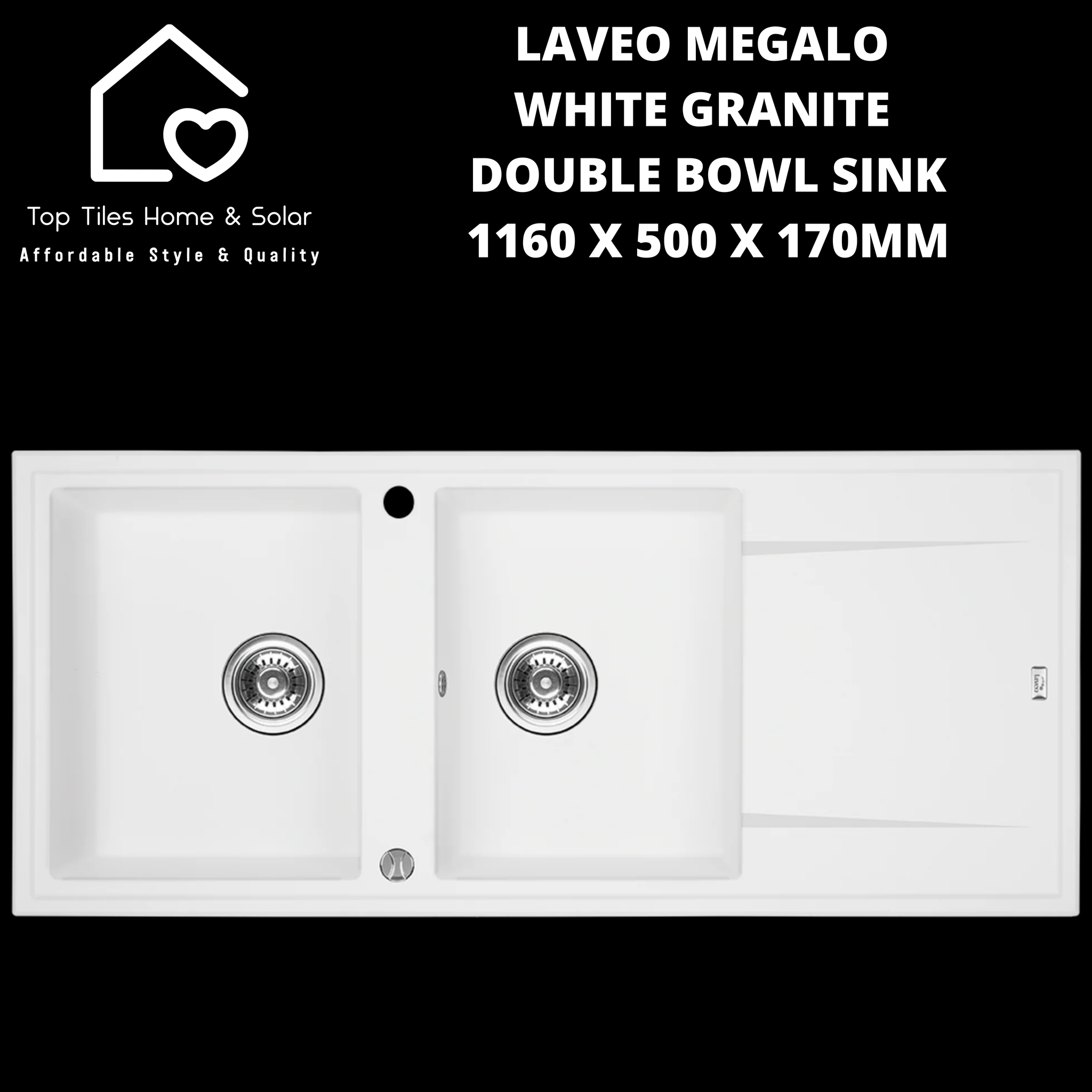 Laveo Megalo White Granite Double Bowl Sink - 1160 x 500 x 170mm
