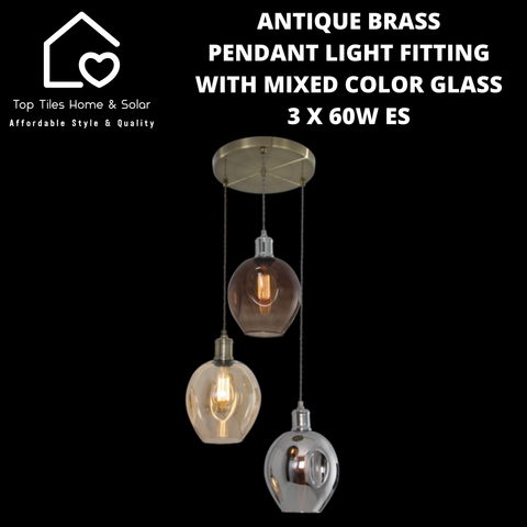 Antique Brass Pendant Light Fitting with Mixed Color Glass - 3 x 60W ES
