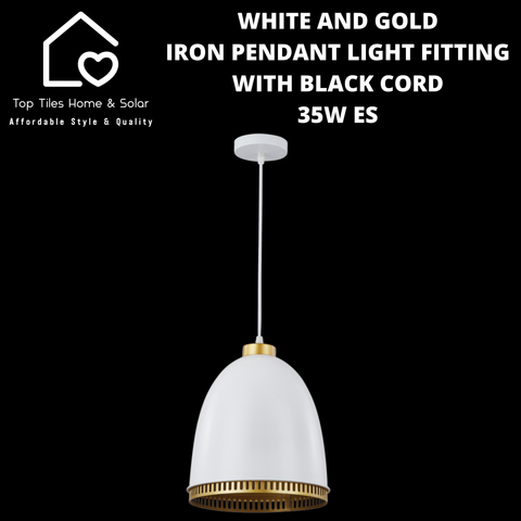 White and Gold Iron Pendant Light Fitting with Black Cord - 35W ES