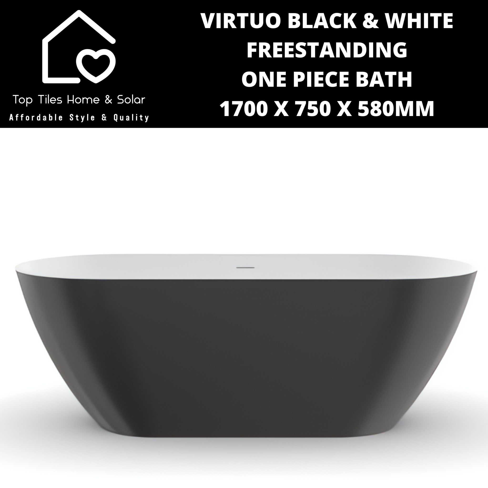 Virtuo Black & White Freestanding One Piece Bath - 1700 x 750 x 580mm