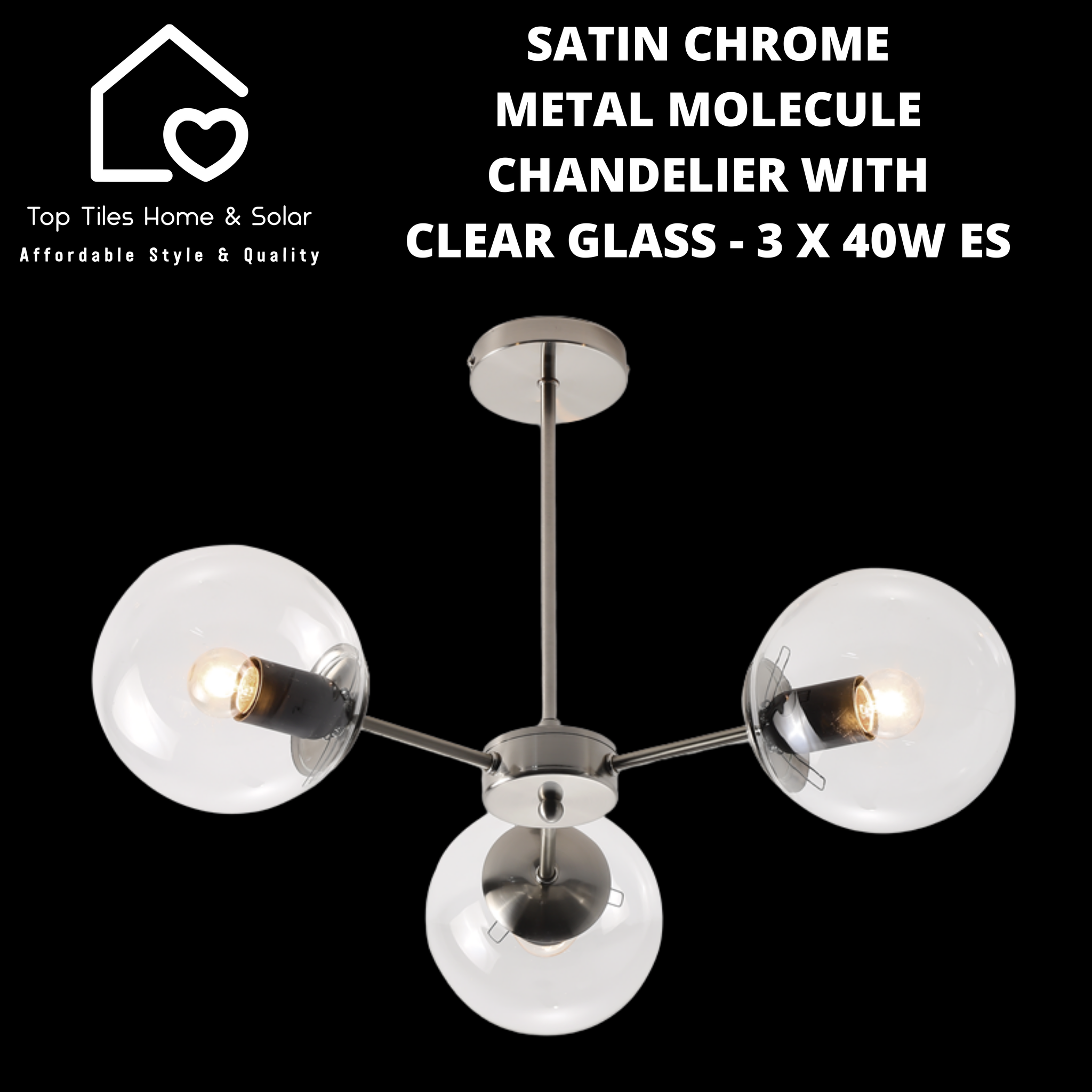 Satin Chrome Metal Molecule Chandelier With Clear Glass - 3 x 40W ES