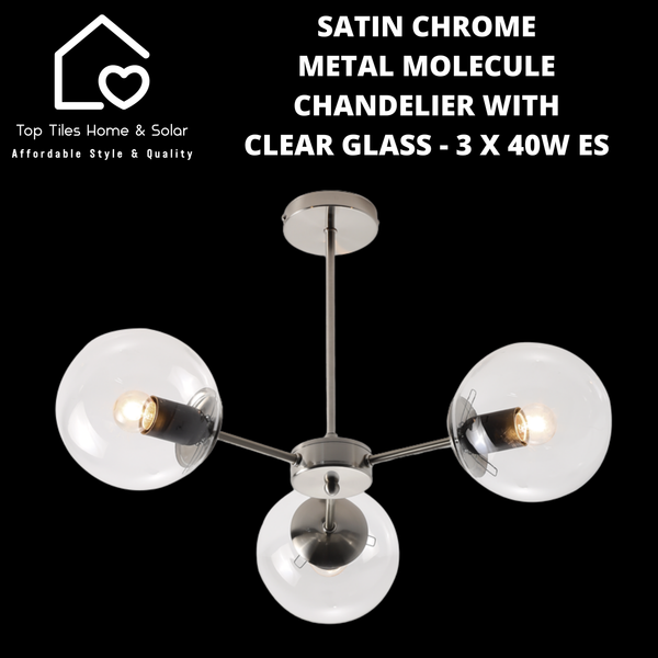 Satin Chrome Metal Molecule Chandelier With Clear Glass - 3 x 40W ES