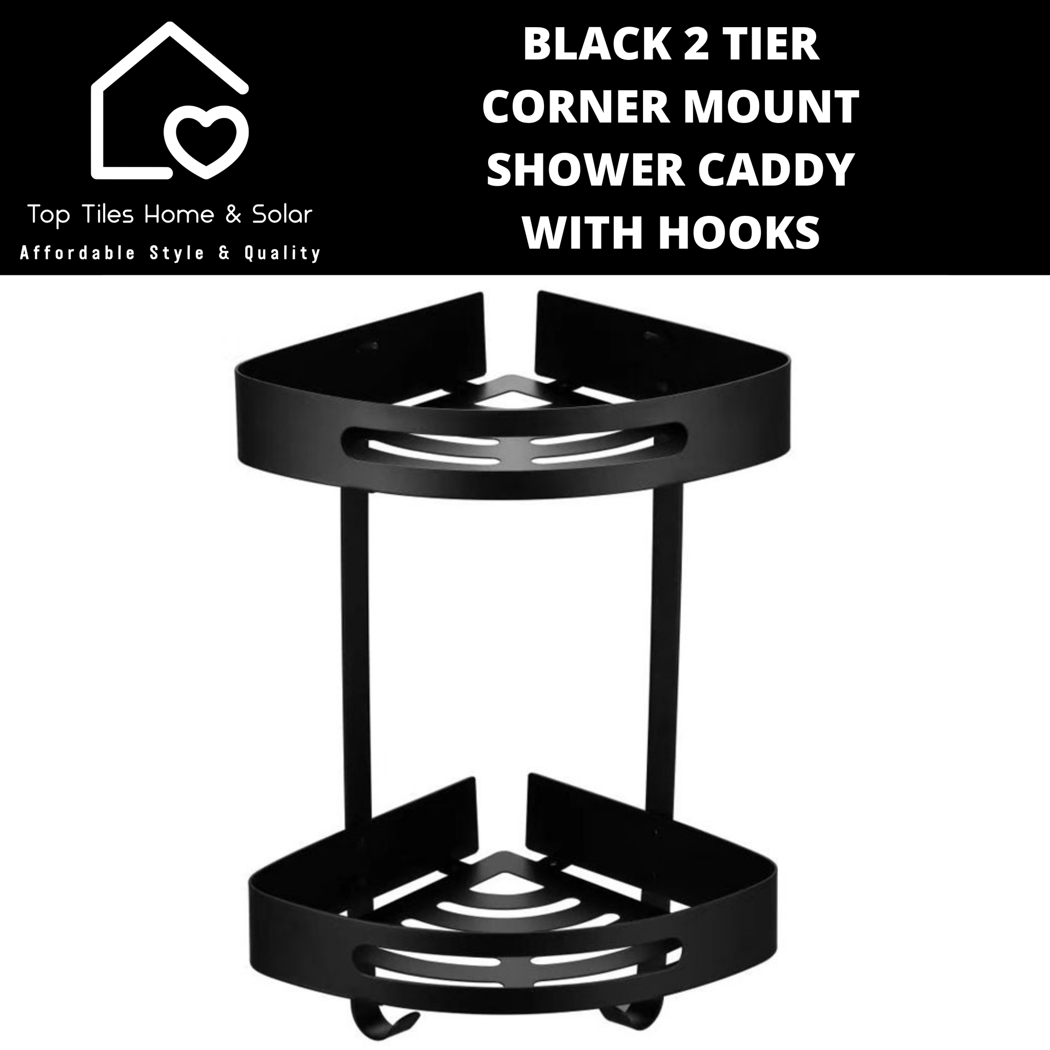 Black 2 Tier Corner Mount Shower Caddy with Hooks