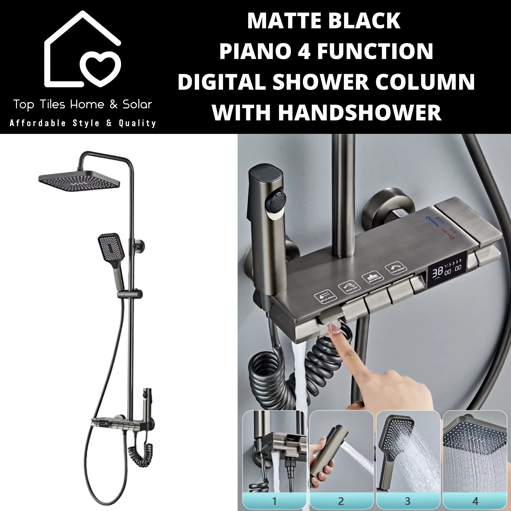 Black Piano 4 Function Digital Shower Column With Handshower
